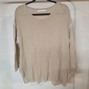 Lulu-B Women M Embroidered Tan‎ Knit Sweater White Blanket Stitch Detail Beach